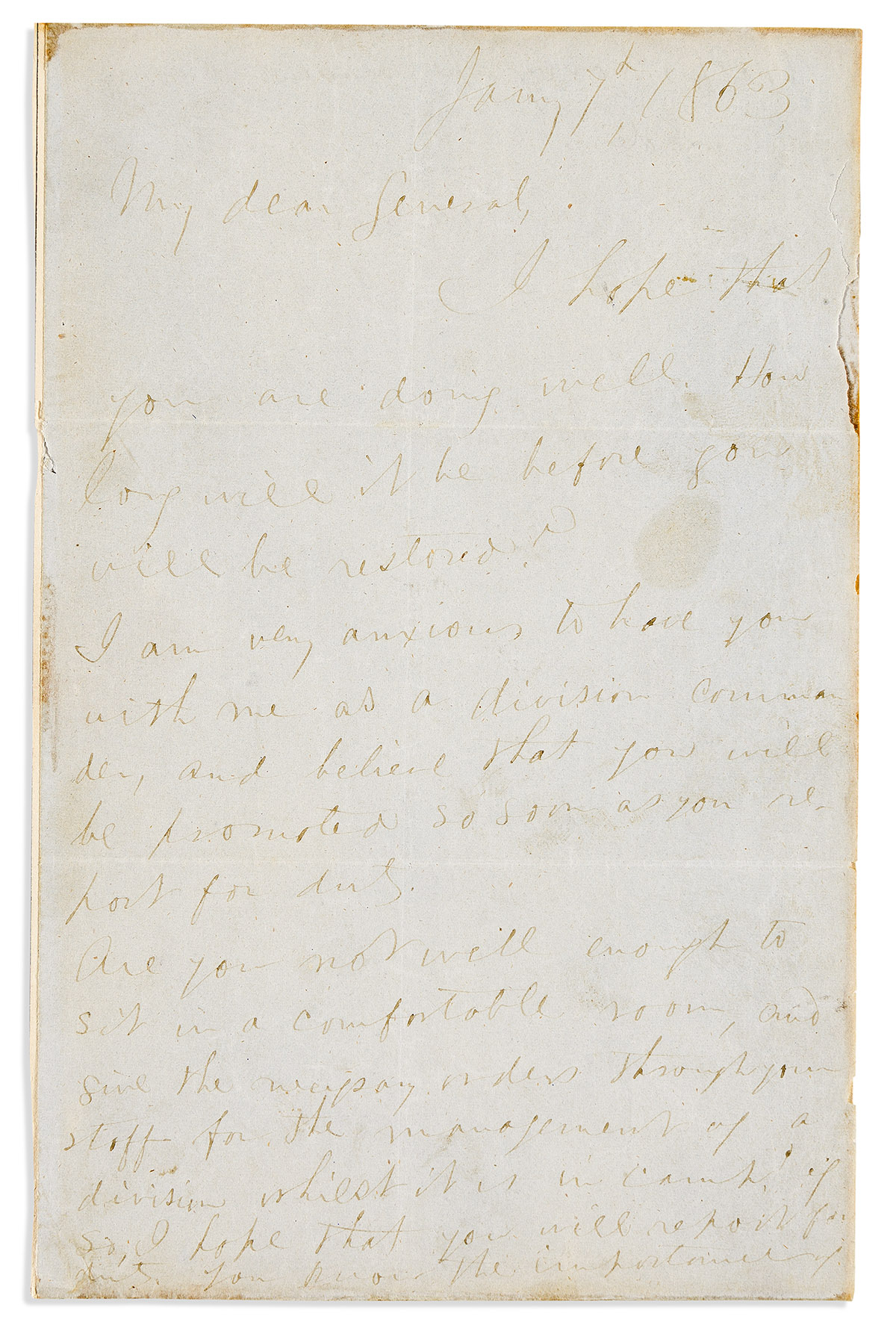 (CIVIL WAR.) JACKSON, THOMAS J. (STONEWALL). Autograph Letter Signed, T.J. Jackson, to General Edward Johnson (My dear General),